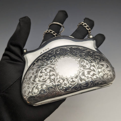 1907 British antique sterling silver purse with chain Thomas Bishton